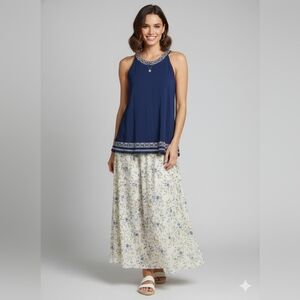 Adrianna Papell Blue Tank Top with Decorative Trim New Large Embroidered Hem